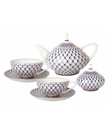 LOMONOSOV IMPERIAL BONE CHINA PORCELAIN TEA SET SERVICE COBALT NET DOME 14 items