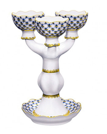LOMONOSOV IMPERIAL PORCELAIN DECORATIVE CANDLE HOLDER COBALT NET 3 STICK