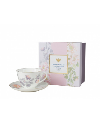 LOMONOSOV IMPERIAL BONE CHINA PORCELAIN TEACUP AND SAUCER SPRING TENDER PEONY GRAY 230 ML/7.8 OZ