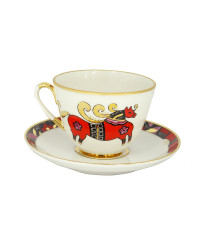 LOMONOSOV IMPERIAL PORCELAIN TEACUP AND SAUCER SPRING RED HORSE 230 ML/7.8 OZ