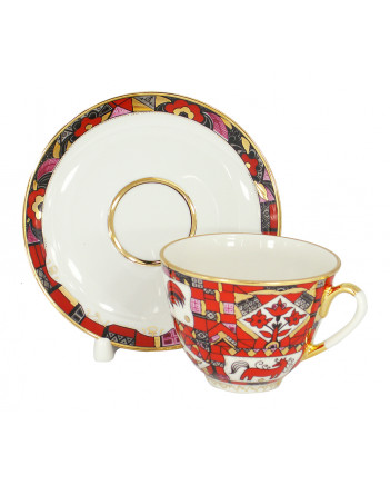 LOMONOSOV IMPERIAL PORCELAIN TEACUP AND SAUCER SPRING RED HORSE 230 ML/7.8 OZ