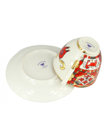 LOMONOSOV IMPERIAL PORCELAIN TEACUP AND SAUCER SPRING RED HORSE 230 ML/7.8 OZ