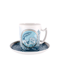 LOMONOSOV IMPERIAL PORCELAIN COVERED STEEP MUG AND SAUCER MEN'S WORLD FISHING 380 ml 12.6 oz