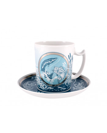 LOMONOSOV IMPERIAL PORCELAIN COVERED STEEP MUG AND SAUCER MEN'S WORLD FISHING 380 ml 12.6 oz