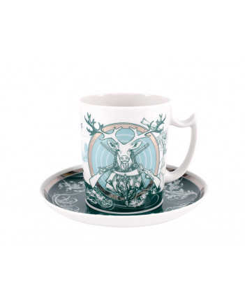 LOMONOSOV IMPERIAL PORCELAIN COVERED STEEP MUG AND SAUCER MEN'S WORLD HUNTING 380 ml 12.6 oz