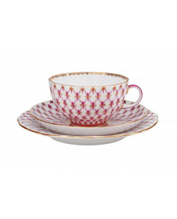LOMONOSOV IMPERIAL PORCELAIN TEACUP TRIO TULIP RED NET