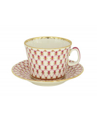 LOMONOSOV IMPERIAL PORCELAIN TEACUP AND SAUCER YOUTH RED NET 210 ML 7.1 OZ