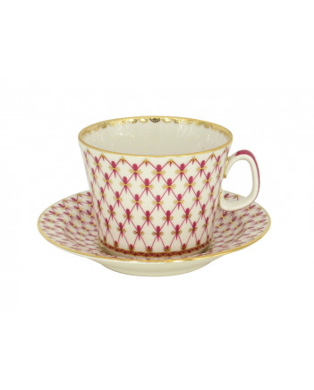 LOMONOSOV IMPERIAL PORCELAIN TEACUP AND SAUCER YOUTH RED NET 210 ML 7.1 OZ