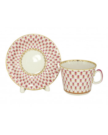 LOMONOSOV IMPERIAL PORCELAIN TEACUP AND SAUCER YOUTH RED NET 210 ML 7.1 OZ