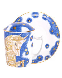 LOMONOSOV IMPERIAL PORCELAIN COVERED STEEP MUG AND SAUCER ZODIAC OX 2021 YEAR 380 ml 12.6 oz 