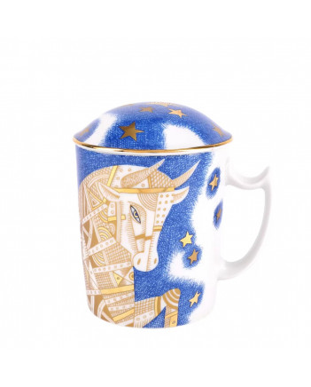 LOMONOSOV IMPERIAL PORCELAIN COVERED STEEP MUG AND SAUCER ZODIAC OX 2021 YEAR 380 ml 12.6 oz 