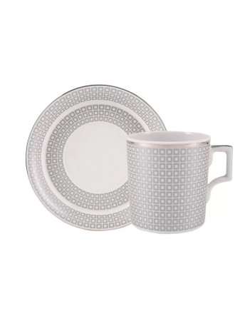 LOMONOSOV IMPERIAL PORCELAIN TEACUP AND SAUCER WONDERLAND SQUARES SILVER 220 ML 7.4 OZ