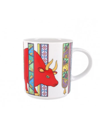 LOMONOSOV IMPERIAL PORCELAIN COFFEE LATTE HOT CHOCOLATE MUG RED OX BULL 370 Ml 12.5 Oz