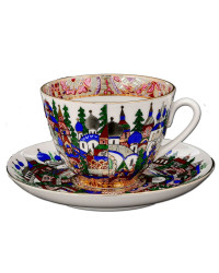 LOMONOSOV IMPERIAL PORCELAIN TEACUP AND SAUCER SPRING RUSSIAN FANTASY 230 ML/7.8 OZ