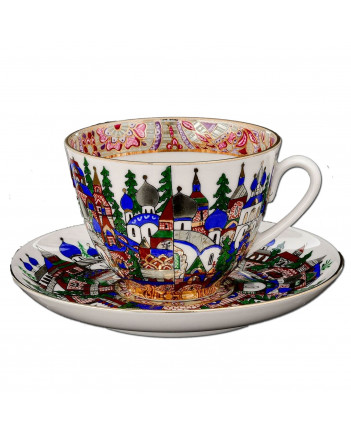 LOMONOSOV IMPERIAL PORCELAIN TEACUP AND SAUCER SPRING RUSSIAN FANTASY 230 ML/7.8 OZ