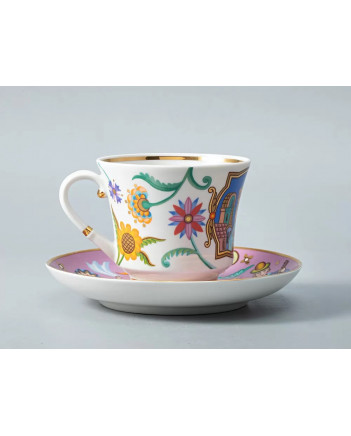 LOMONOSOV IMPERIAL PORCELAIN TEACUP AND SAUCER BANQUET WONDER CITY FOLK DANCE 220 ml 7.4 oz