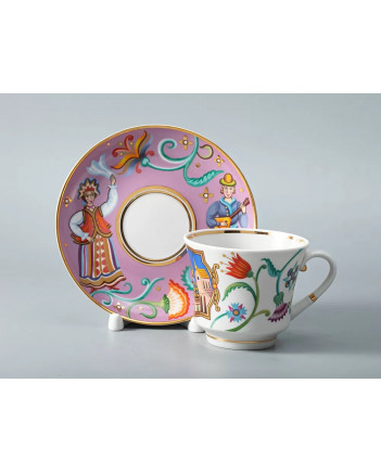 LOMONOSOV IMPERIAL PORCELAIN TEACUP AND SAUCER BANQUET WONDER CITY FOLK DANCE 220 ml 7.4 oz