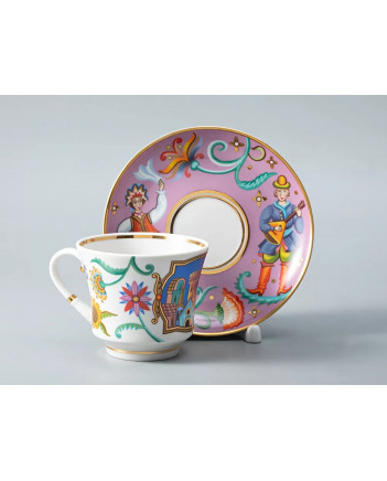 LOMONOSOV IMPERIAL PORCELAIN TEACUP AND SAUCER BANQUET WONDER CITY FOLK DANCE 220 ml 7.4 oz