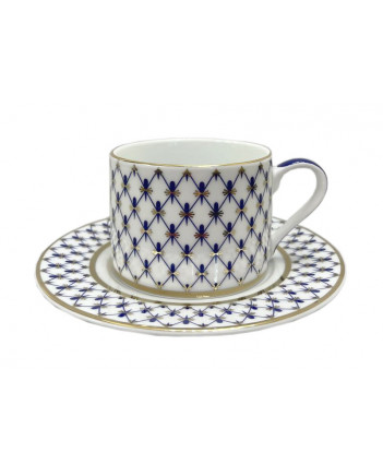 LOMONOSOV IMPERIAL PORCELAIN TEACUP AND SAUCER SOLO COBALT NET MODERN 300 ml/10.1 fl.oz