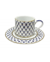 LOMONOSOV IMPERIAL PORCELAIN TEACUP AND SAUCER SOLO COBALT NET MODERN 220 ml/7.4 fl.oz