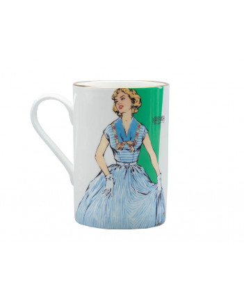 LOMONOSOV IMPERIAL BONE CHINA PORCELAIN COFFEE MUG IDYLL 1950S FASHION BLUE DRESS 400 Ml/14.1 Fl.Oz