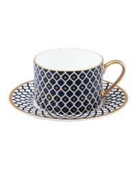 LOMONOSOV IMPERIAL BONE CHINA PORCELAIN TEACUP AND SAUCER IDYLL BLACK NERO V.2 250 Ml/8.5 Fl.Oz