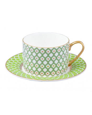 LOMONOSOV IMPERIAL BONE CHINA PORCELAIN TEACUP AND SAUCER IDYLL GREEN LIME V.1 250 Ml/8.5 Fl.Oz
