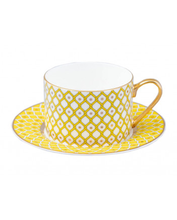 LOMONOSOV IMPERIAL BONE CHINA PORCELAIN TEACUP AND SAUCER IDYLL SUNNY YELLOW V.1 250 Ml/8.5 Fl.Oz