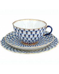 LOMONOSOV IMPERIAL PORCELAIN TEACUP TRIO TULIP COBALT NET 250 ML/8.45 OZ