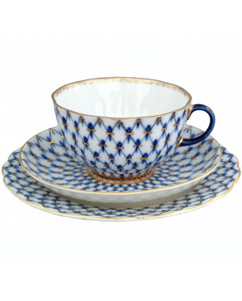 LOMONOSOV IMPERIAL PORCELAIN TEACUP TRIO TULIP COBALT NET 250 ML/8.45 OZ