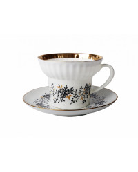 LOMONOSOV IMPERIAL BONE CHINA PORCELAIN ESPRESSO CUP, SAUCER AND PLATE WAVE TINY BRANCHES 155 Ml/5.2 Fl.Oz