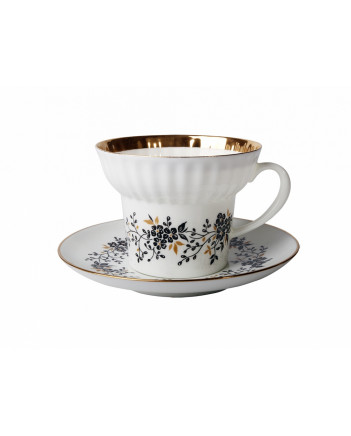 LOMONOSOV IMPERIAL BONE CHINA PORCELAIN ESPRESSO CUP, SAUCER AND PLATE WAVE TINY BRANCHES 155 Ml/5.2 Fl.Oz