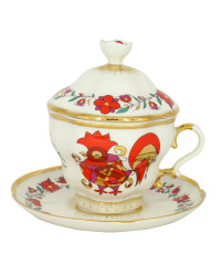 LOMONOSOV IMPERIAL PORCELAIN COVERED STEEP MUG AND SAUCER RED ROOSTER 250 ml/8.45 fl.oz