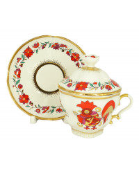 LOMONOSOV IMPERIAL PORCELAIN COVERED STEEP MUG AND SAUCER RED ROOSTER 250 ml/8.45 fl.oz