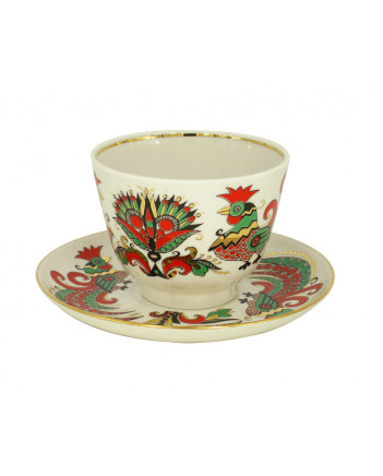 LOMONOSOV IMPERIAL PORCELAIN TEACUP AND SAUCER GIFT TWO ROOSTERS 350 ML 11.8 OZ