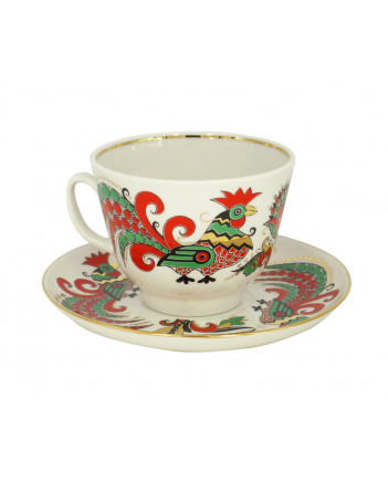 LOMONOSOV IMPERIAL PORCELAIN TEACUP AND SAUCER GIFT TWO ROOSTERS 350 ML 11.8 OZ