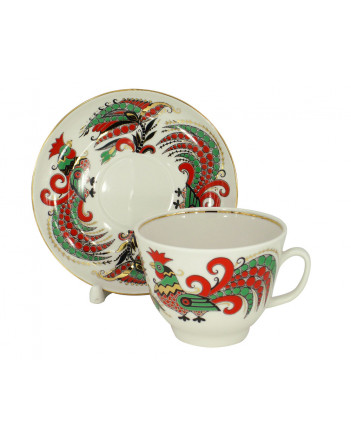 LOMONOSOV IMPERIAL PORCELAIN TEACUP AND SAUCER GIFT TWO ROOSTERS 350 ML 11.8 OZ