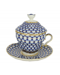 LOMONOSOV IMPERIAL PORCELAIN COVERED STEEP MUG AND SAUCER COBALT NET 250 ml/8.45 fl.oz