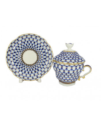 LOMONOSOV IMPERIAL PORCELAIN COVERED STEEP MUG AND SAUCER COBALT NET 250 ml/8.45 fl.oz