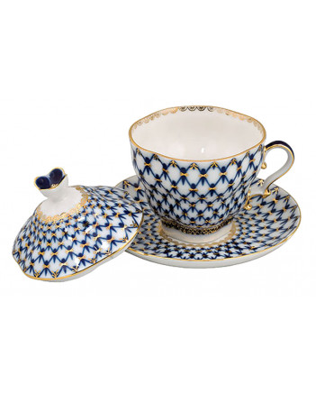 LOMONOSOV IMPERIAL PORCELAIN COVERED STEEP MUG AND SAUCER COBALT NET 250 ml/8.45 fl.oz