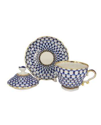 LOMONOSOV IMPERIAL PORCELAIN COVERED STEEP MUG AND SAUCER COBALT NET 250 ml/8.45 fl.oz