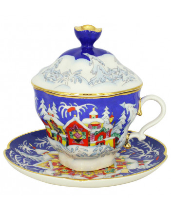 LOMONOSOV IMPERIAL PORCELAIN COVERED STEEP MUG AND SAUCER WINTER FAIRYTALE 250 ml/8.45 fl.oz