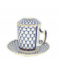 LOMONOSOV IMPERIAL PORCELAIN COVERED STEEP MUG AND SAUCER COBALT NET 380 ml 12.6 oz