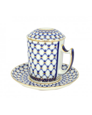 LOMONOSOV IMPERIAL PORCELAIN COVERED STEEP MUG AND SAUCER COBALT NET 380 ml 12.6 oz