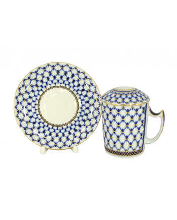 LOMONOSOV IMPERIAL PORCELAIN COVERED STEEP MUG AND SAUCER COBALT NET 380 ml 12.6 oz