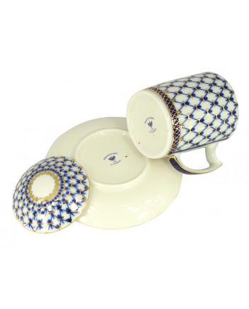 LOMONOSOV IMPERIAL PORCELAIN COVERED STEEP MUG AND SAUCER COBALT NET 380 ml 12.6 oz