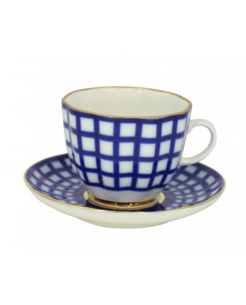 LOMONOSOV IMPERIAL PORCELAIN ESPRESSO COFFEE CUP AND SAUCER COBALT CELL TULIP 140 ML/4.7 OZ