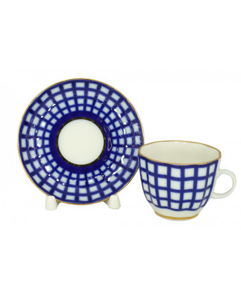 LOMONOSOV IMPERIAL PORCELAIN ESPRESSO COFFEE CUP AND SAUCER COBALT CELL TULIP 140 ML/4.7 OZ