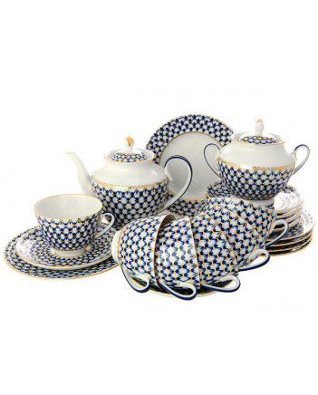 LOMONOSOV IMPERIAL PORCELAIN TEA SET SERVICE SPRING COBALT NET 20 items