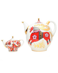 LOMONOSOV IMPERIAL PORCELAIN TEAPOT SET RED HORSE BIG AND SMALL